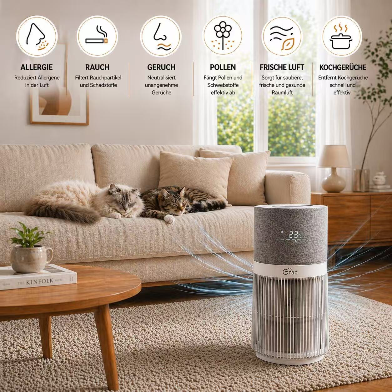 Catac24 Grau CATAC Pet Air Premium Luftreiniger – leise & effektiv gegen Gerüche, Tierhaare und Allergene | 6-Stufen-Filtersystem