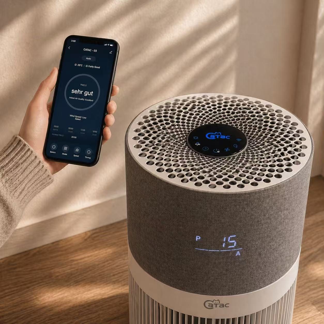 Catac24 Grau Luftreiniger für Zuhause & Haustiere – Entfernt Tierhaare, Gerüche und Allergene | Leiser HEPA Luftreiniger mit 6-Stufen Filtersystem | CATAC