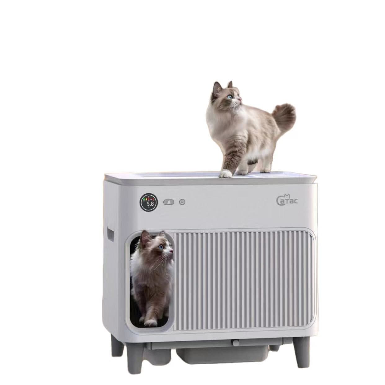 Catac24 Grau Vollautomatische selbstreinigende Katzentoilette XXL mit Treppe – CATAC Cleanbox Classic, extra leise, geruchsarm & smart