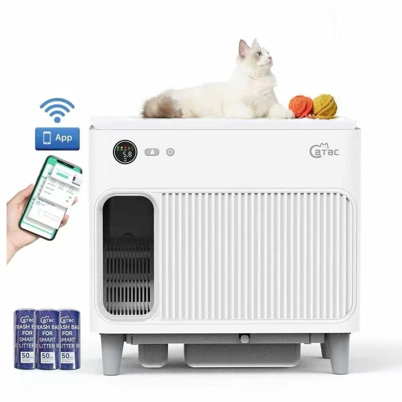 Catac24 Grau Vollautomatische selbstreinigende Katzentoilette XXL mit Treppe – CATAC Cleanbox Classic, extra leise, geruchsarm & smart